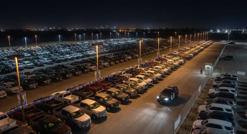 SPADE Security patrol vehicle monitoring a Sacramento auto dealership lot at night with rows of trucks and SUVs