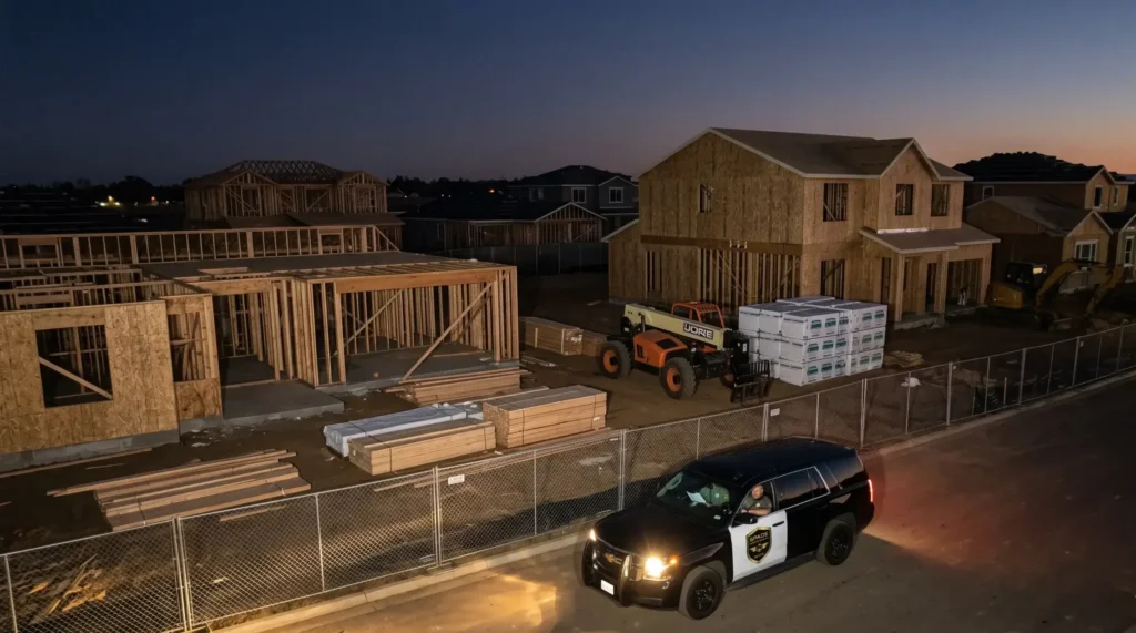 SPADE Security patrol vehicle monitoring a residential construction site in Placer County overnight during weekend hours