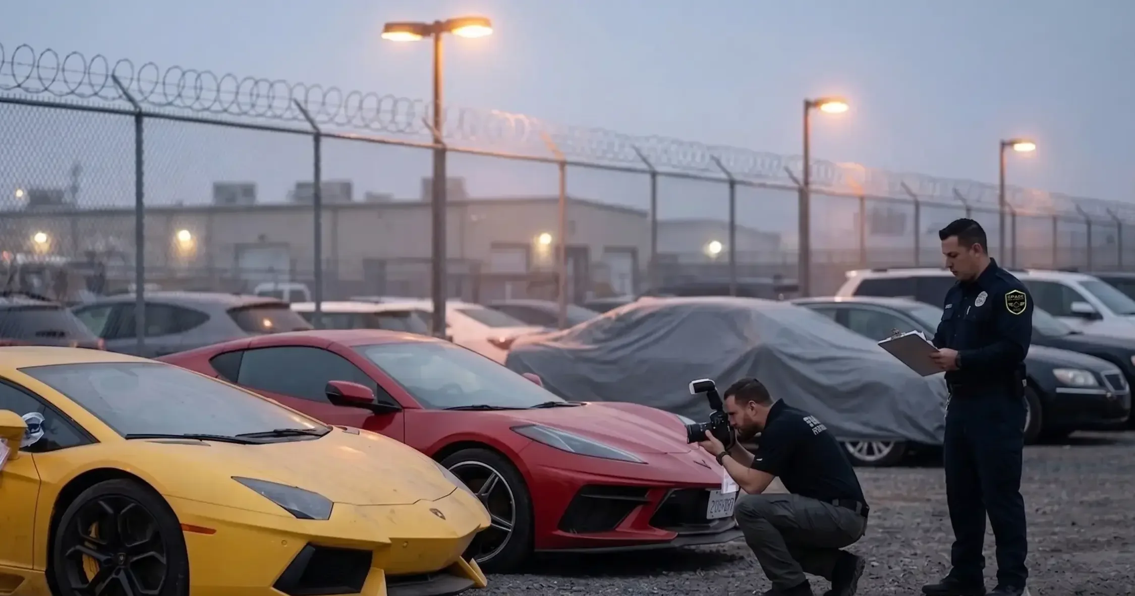 Recovered luxury vehicles including a Lamborghini and Corvette being logged into an impound facility after a theft ring bust, with SPADE Security documentation support