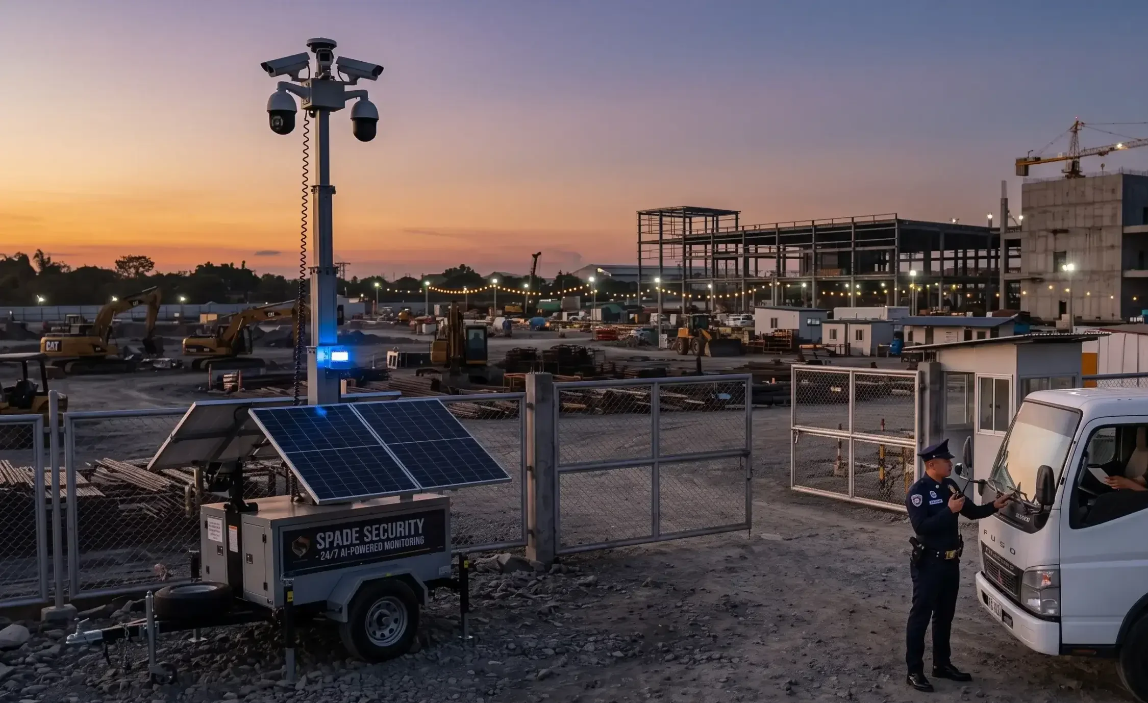 A solar-powered mobile surveillance trailer and a professional security guard protecting a commercial construction site at dusk.