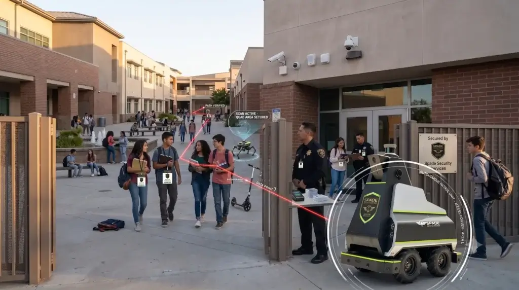 SPADE Security officer standing at a California school campus entrance in early morning as part of an AI-assisted threat detection program