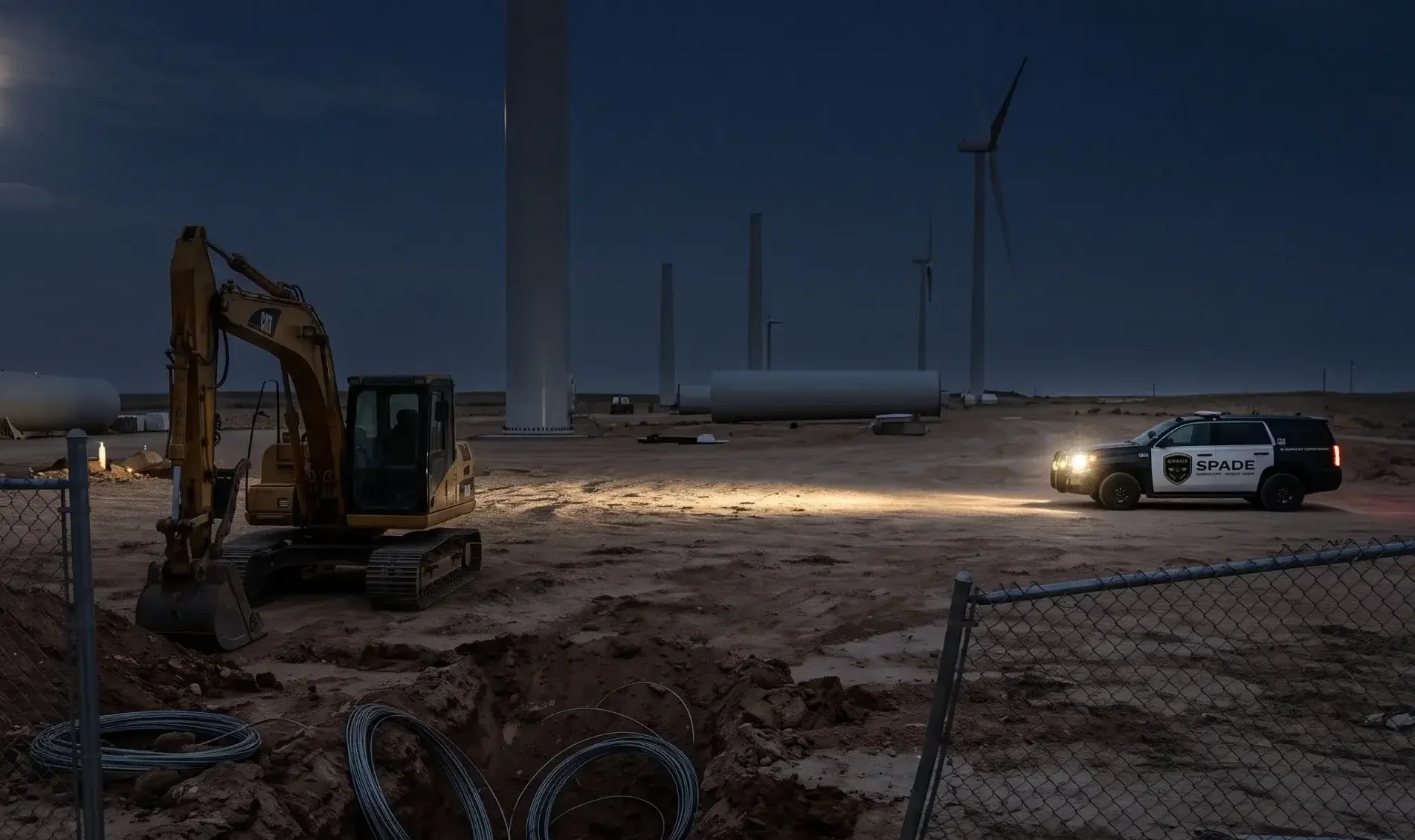 SPADE Security patrol vehicle responding to a construction site at night where an excavator was used in a copper theft breach