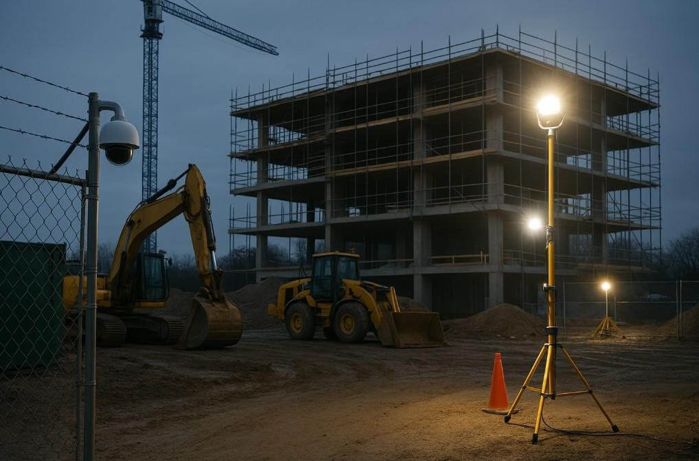 Mobile lighting tower illuminating an active construction site with excavator at dusk