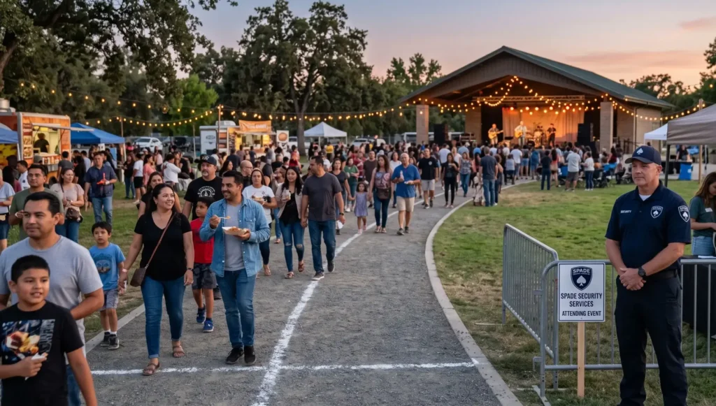 SPADE Security officer stationed at the entrance of an outdoor community event in the Sacramento region at dusk