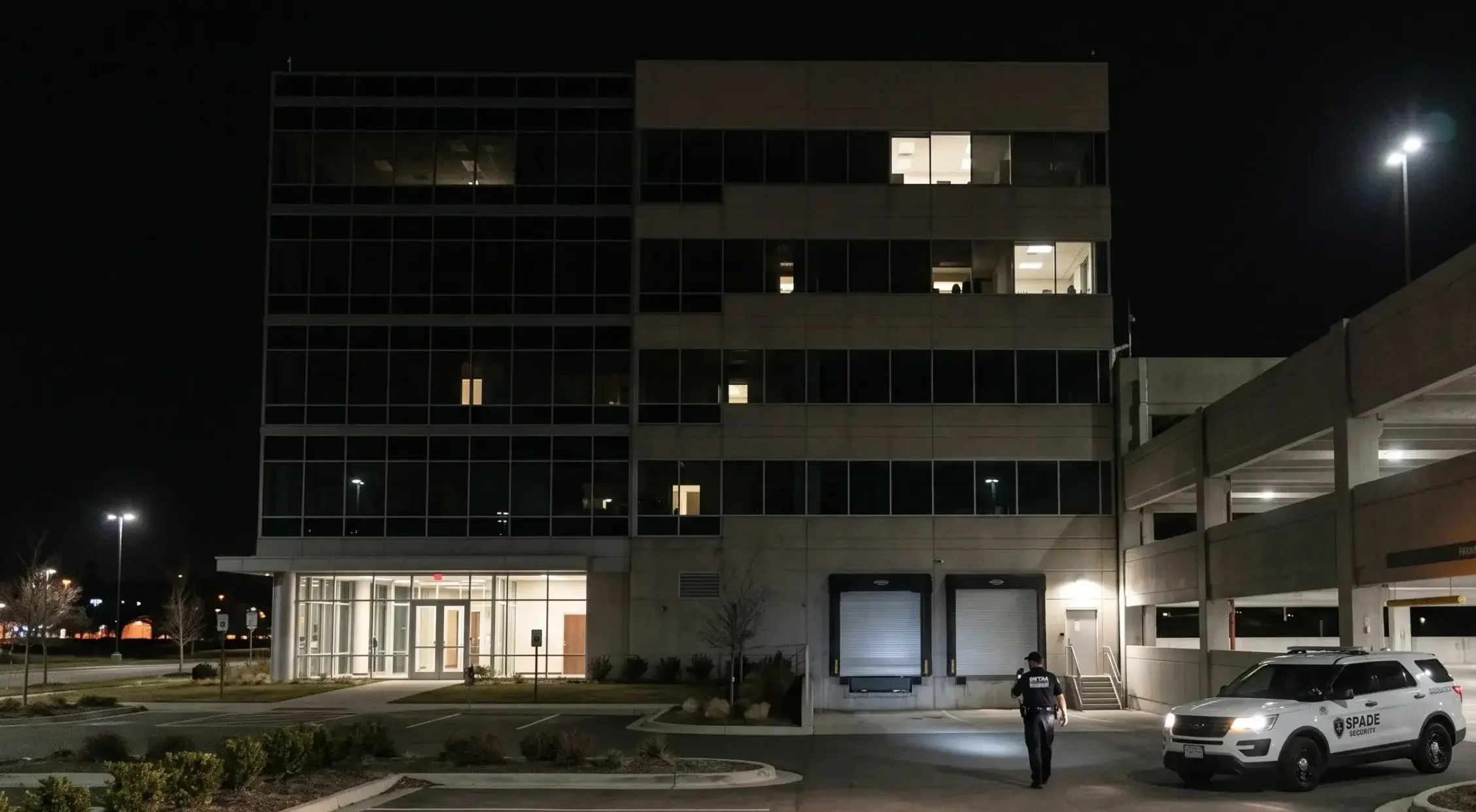 SPADE Security patrol vehicle and officer monitoring an office building parking structure and loading dock at night