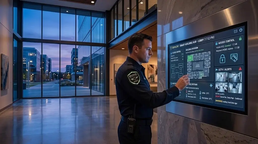Security officer at a smart building management dashboard in a modern commercial office lobby at dusk, illustrating connected building security vulnerabilities.