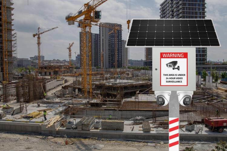 Solar-powered mobile surveillance trailer with warning sign deployed at an active construction site