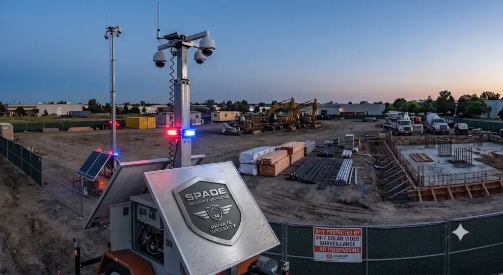 A solar-powered mobile surveillance trailer providing temporary security at an active construction site in its earliest phase