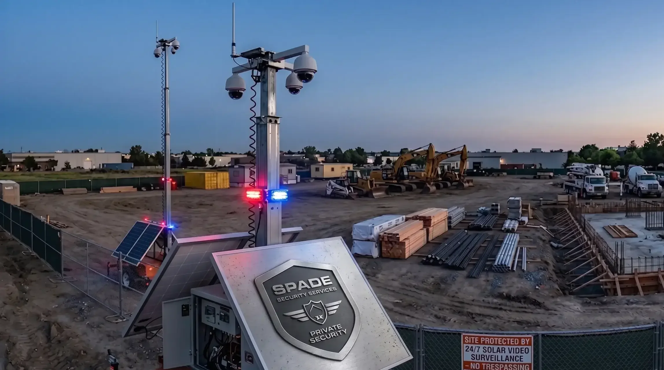 A solar-powered mobile surveillance trailer providing temporary security at an active construction site in its earliest phase