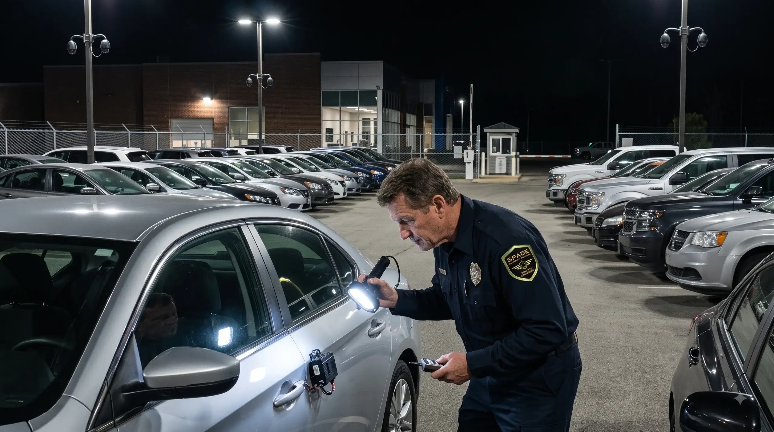 SPADE Security duty on a Auto dealership and inspecting perimeter at night