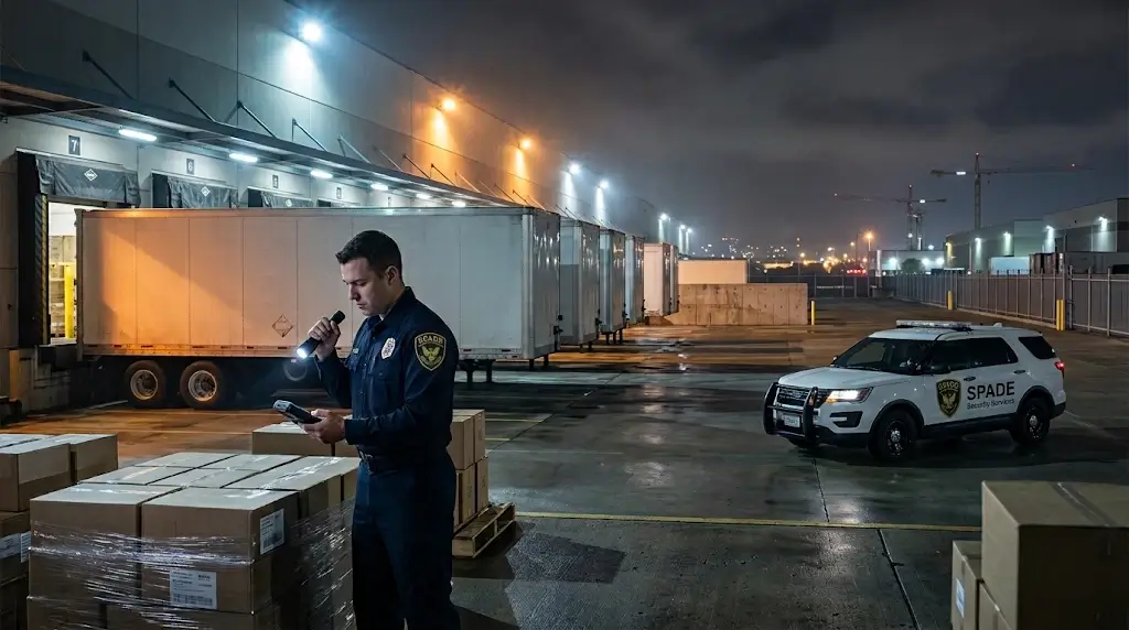 Logistics warehouse loading dock at night with a security officer reviewing cargo near sealed trailers and perimeter fencing.