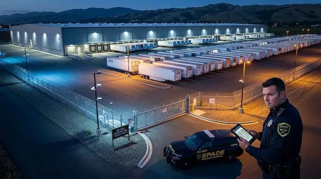 Nighttime cold-chain logistics warehouse dock with refrigerated truck at sealed bay door and a security officer verifying driver credentials at the gate.