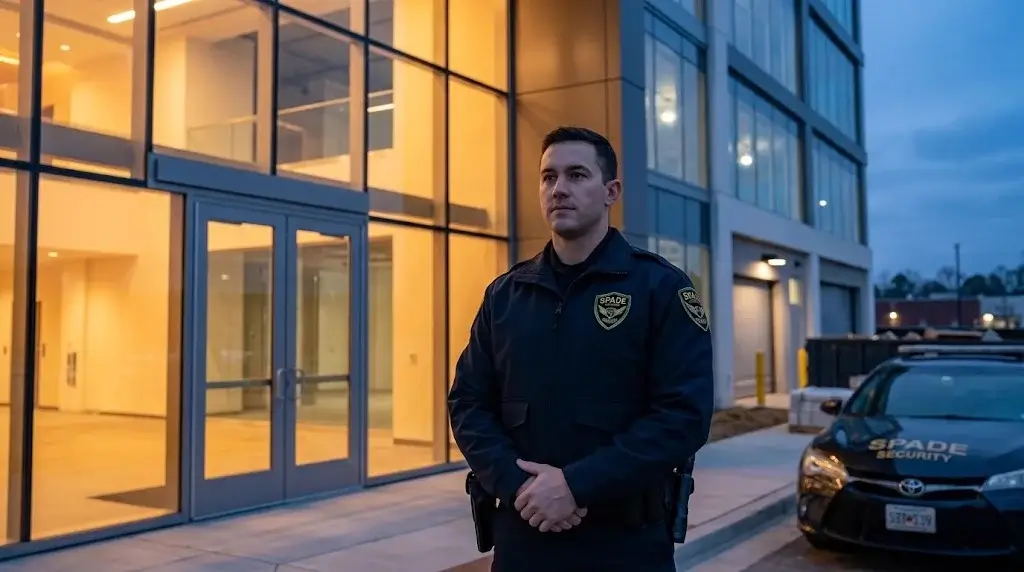 Security officer patrolling a vacant, newly completed commercial office building at dusk with a marked patrol vehicle, illustrating the security gap during the construction-to-tenant handoff period.