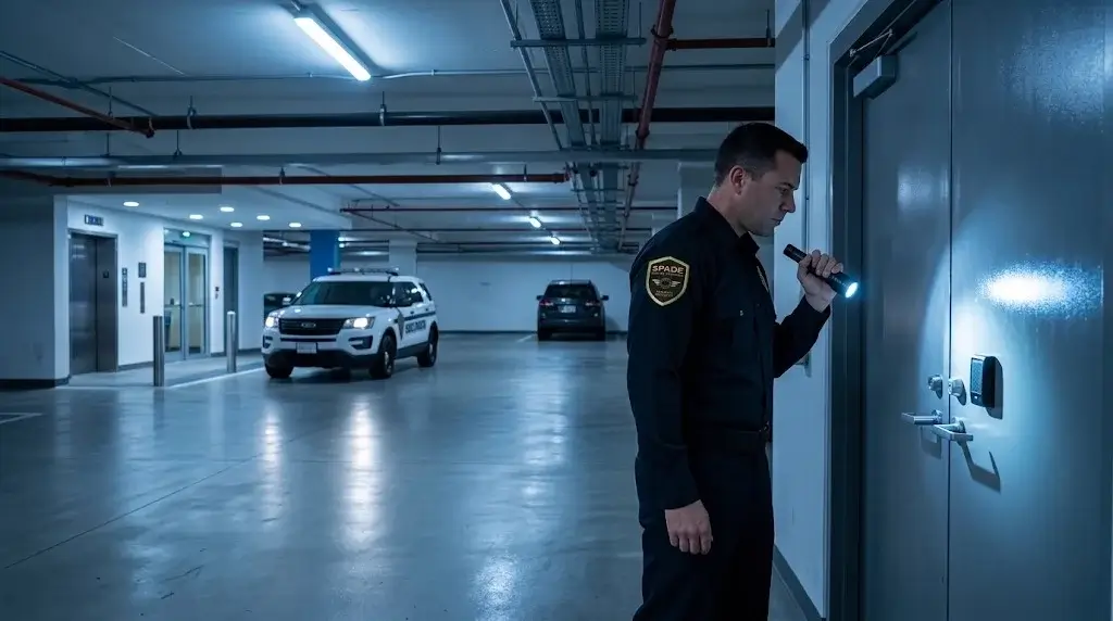 Nighttime underground commercial parking garage with a security officer inspecting a stairwell door and a patrol vehicle idling near the elevator lobby.