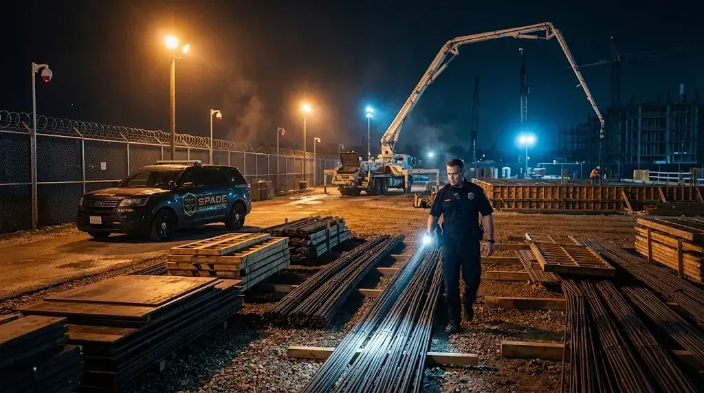 Active construction site at night with staged rebar and formwork under floodlights, ready for a morning pour, and a security patrol vehicle parked at the site entrance.