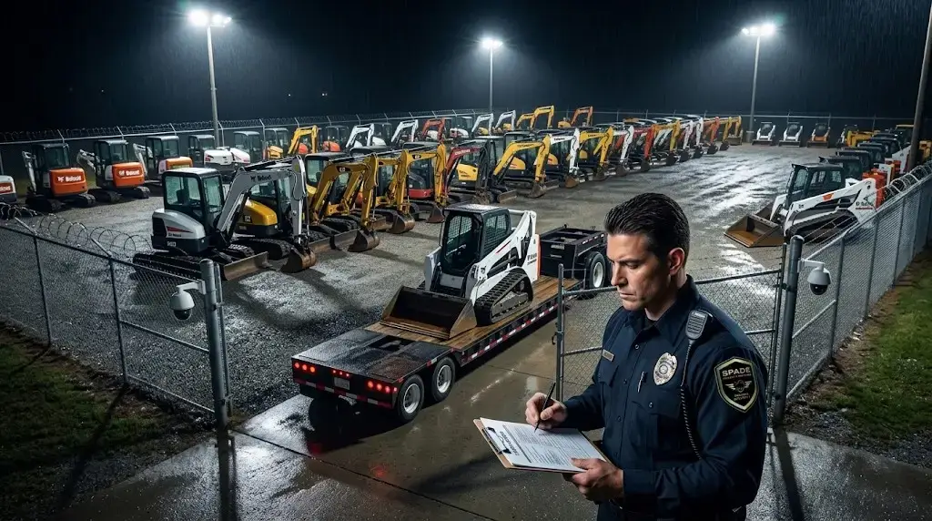 Nighttime construction equipment rental yard with rows of heavy equipment under floodlights and a security officer verifying a pickup work order at the gate.