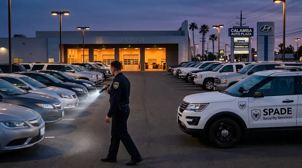 Auto dealership service lot at dusk with a security officer patrolling rows of customer vehicles near the service bay.