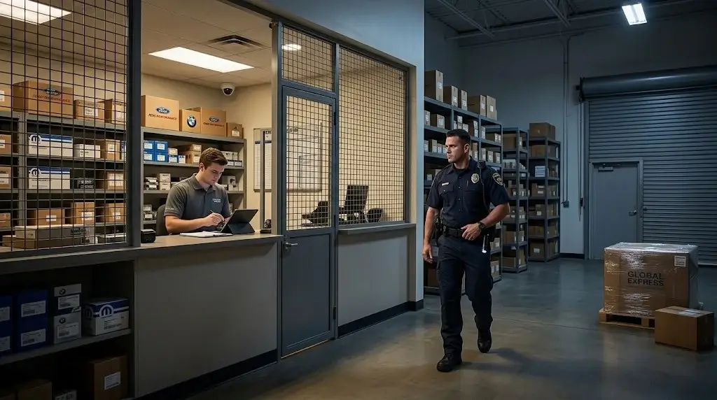 Dealership parts department interior at closing time with a clerk counting high-value SKUs in a controlled cage and a security officer conducting an after-hours walk-through.