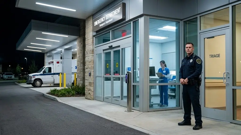 Nighttime hospital emergency department exterior with controlled glass entrance and a uniformed security officer standing near the triage door.
