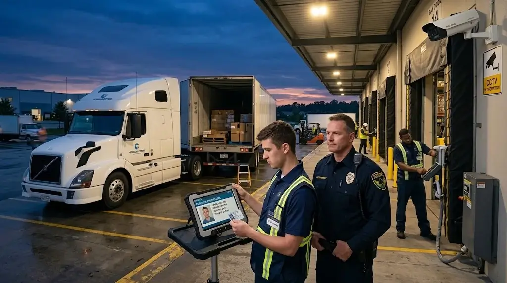 Logistics dock at dusk with a clerk verifying a driver's identity against a tablet booking record while a dock seal is applied to the trailer.