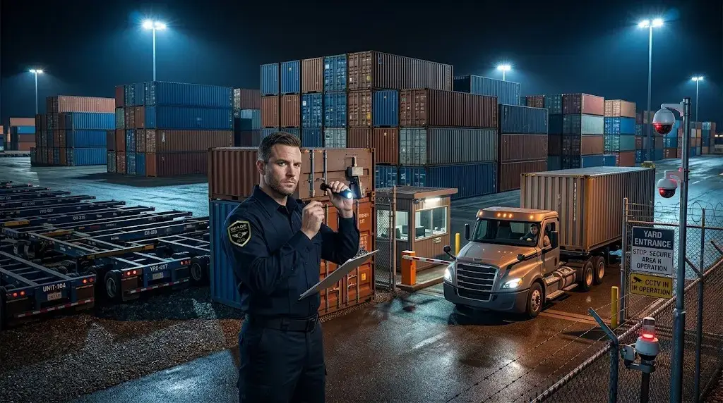 Nighttime inland intermodal yard with stacked containers, a chassis row, and a security officer verifying a container seal at the gate.
