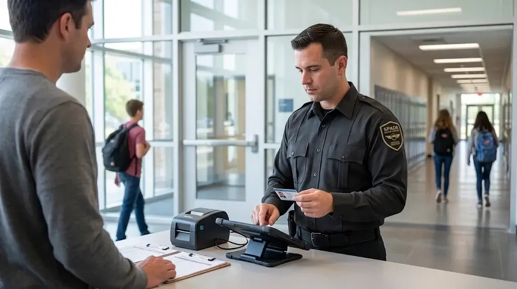 Security officer checking a visitor's photo ID at a K-12 school entrance check-in desk, with students visible in the hallway beyond.
