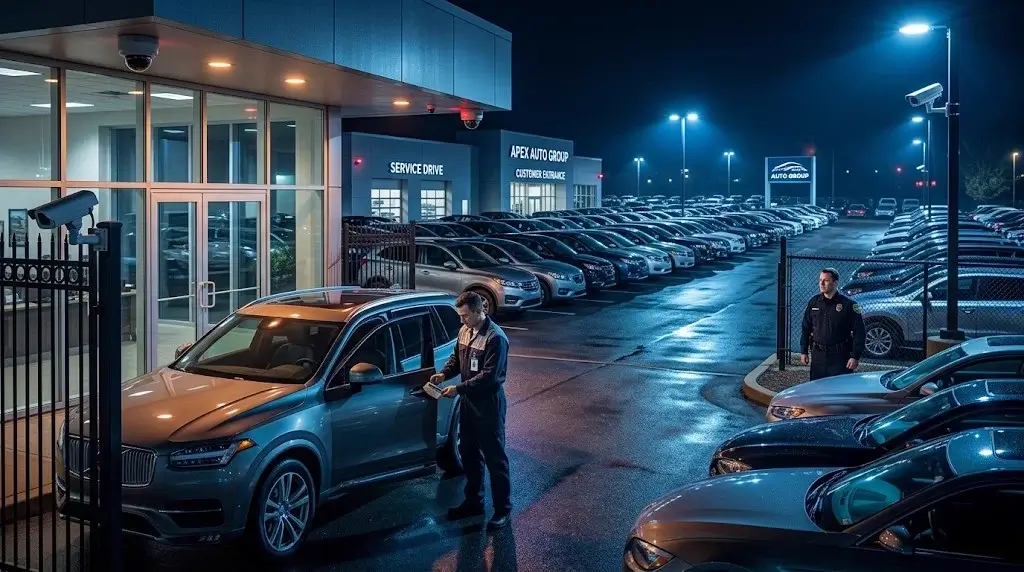Nighttime auto dealership lot with a security officer near a customer's SUV, illustrating key-fob relay theft risk at dealership service drives.