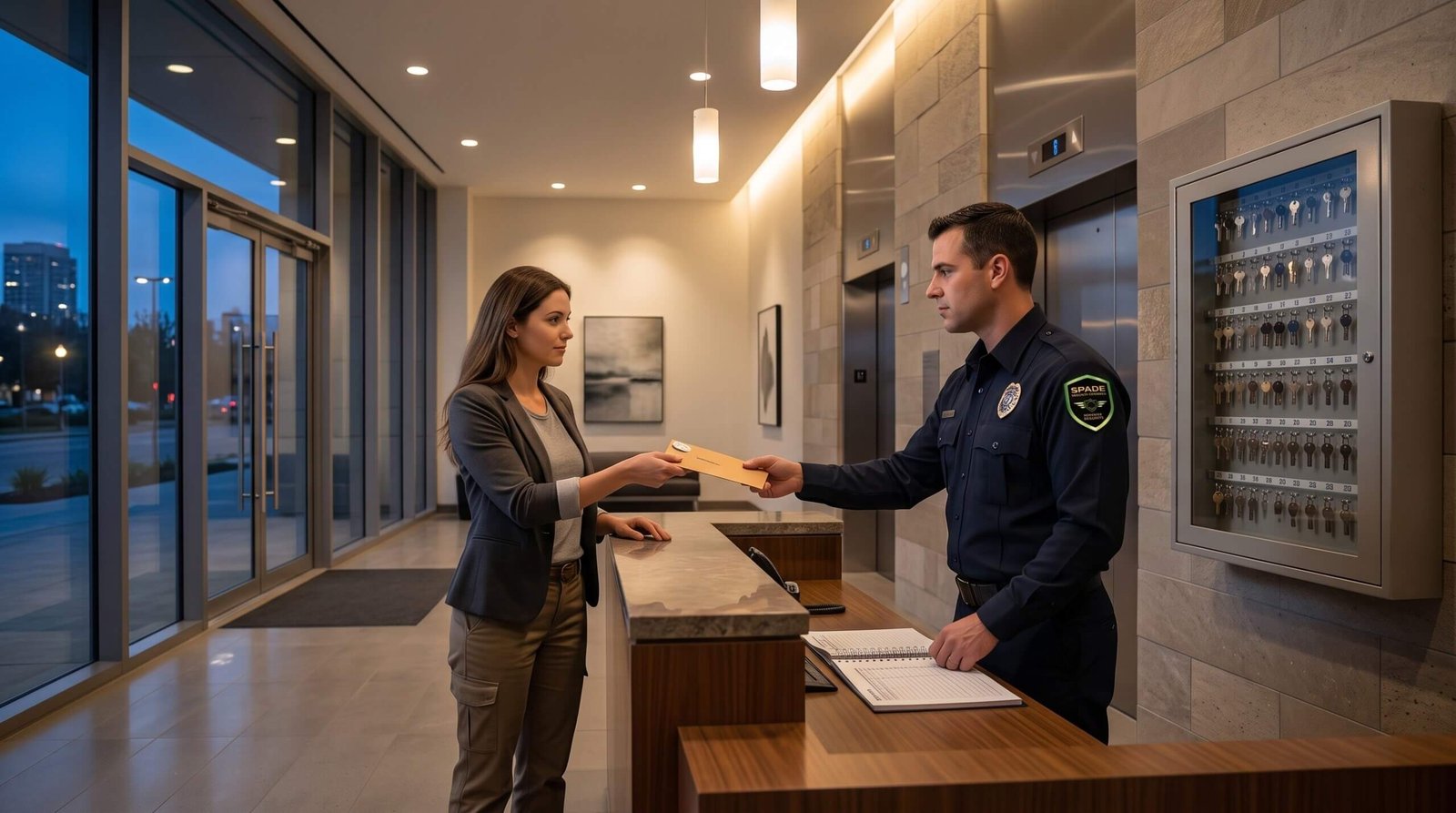 Multi-tenant office building lobby at closing time with a security officer receiving a key envelope from a tenant near a master key control cabinet.