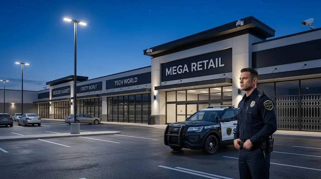 Nighttime view of a suburban retail shopping center with a marked security patrol vehicle passing closed glass storefronts under tall pole lighting.