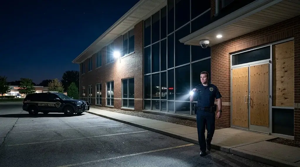 Vacant commercial office building at night with commercial-grade door boarding, motion-activated floodlight on, and a security patrol vehicle passing the front entrance.