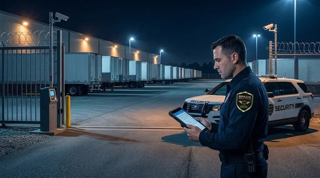 Nighttime aerial view of a logistics warehouse yard with security patrol vehicle, perimeter cameras, and a security officer monitoring operations at the gate entrance.