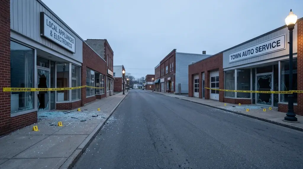 Two small-town storefronts facing each other across an empty street at dawn, both front doors shattered, with police tape and evidence markers on the sidewalks