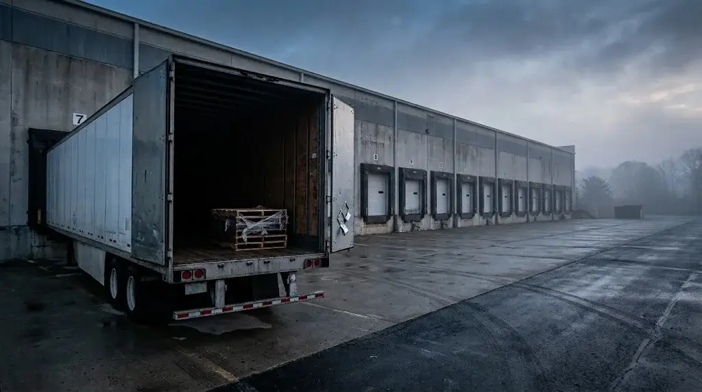 Empty semi-trailer with doors open at a foggy warehouse loading dock, a single pallet inside and a cut security seal