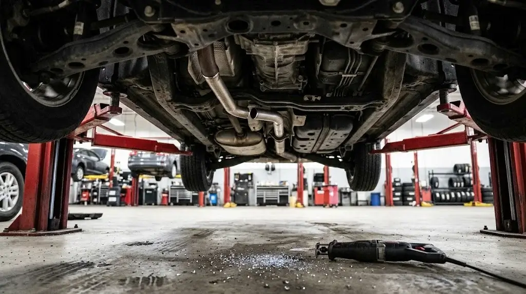 View from under a lifted SUV in a dealership service bay where the catalytic converter has been sawn out of the exhaust