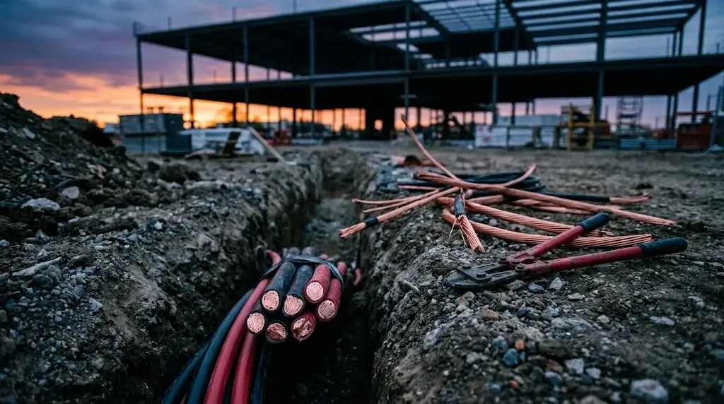 Cut copper cables with bright freshly cut ends in an open trench at a construction site at dusk, bolt cutters beside them