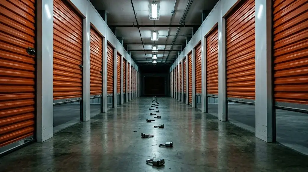 Self-storage corridor with dozens of roll-up doors and a line of cut padlocks on the concrete floor