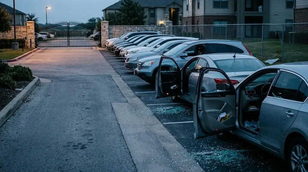 Row of parked cars at a gated apartment community at dawn, every door open and glass on the pavement, the vehicle gate closed in the background