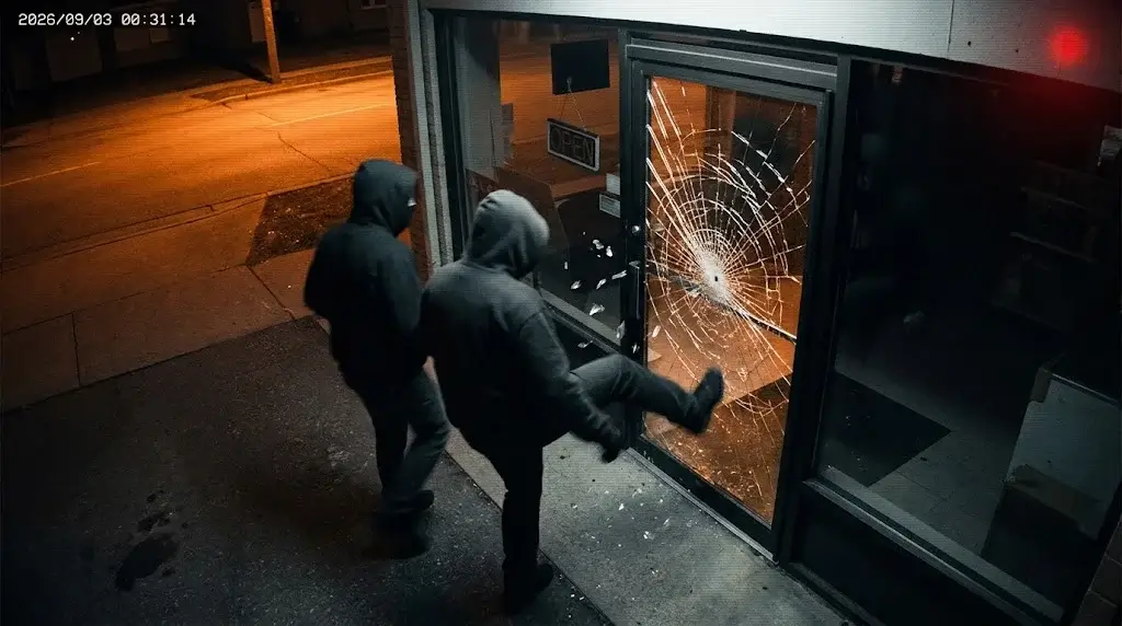 Security camera frame of two hooded figures at a small shop’s glass front door at night, one kicking the cracked glass, timestamped 2026/09/03 00:31:14