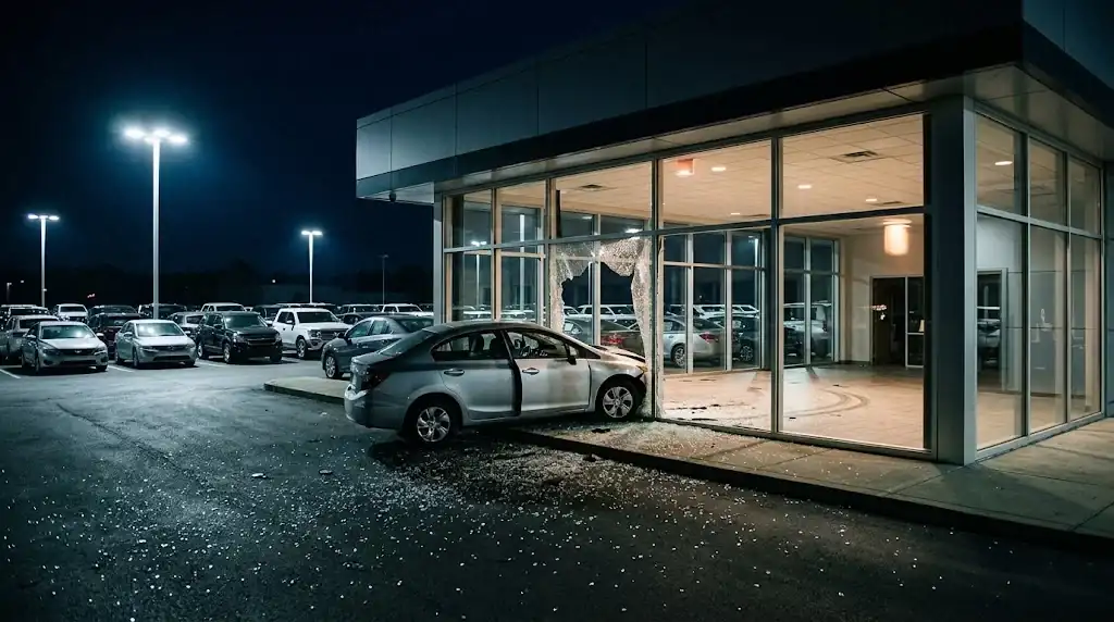 Car dealership showroom at night with a shattered front window, a silver sedan pushed into the broken frame, glass across the pavement and an empty display spot inside.