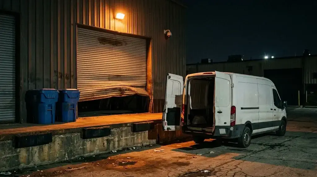 Night loading dock of a warehouse unit with its roll-up door pried open, two blue recycling bins beside the door and a white cargo van backed up with its rear doors open.