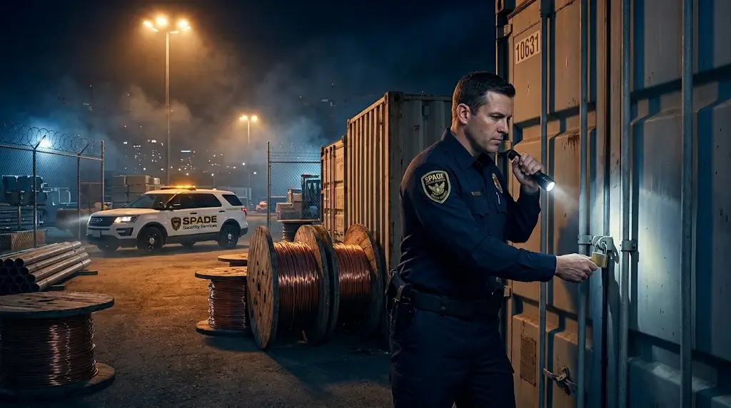 Construction site laydown yard at night with a security officer checking a padlocked storage container near staged copper wire.