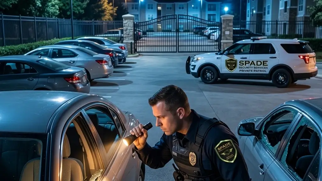 Gated apartment community parking lot at night with a security officer inspecting a car with a shattered window.