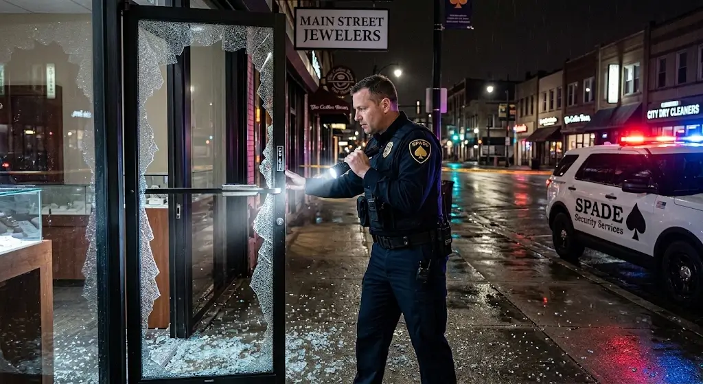 Urban retail storefront at night with a security officer inspecting a shattered glass entry door after a break-in.