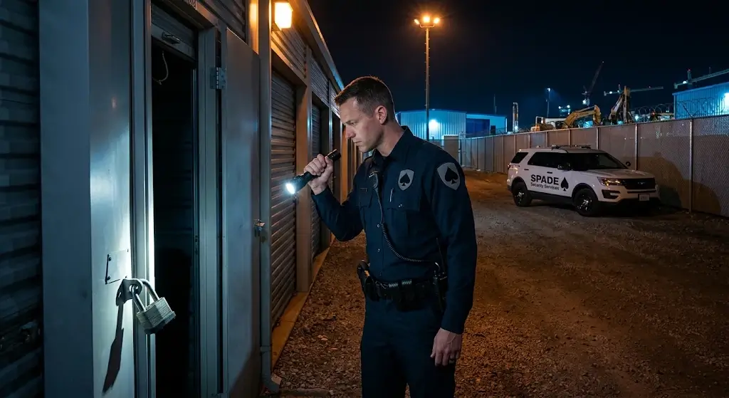 Self-storage facility drive aisle at night with a security officer inspecting a unit with a cut padlock.