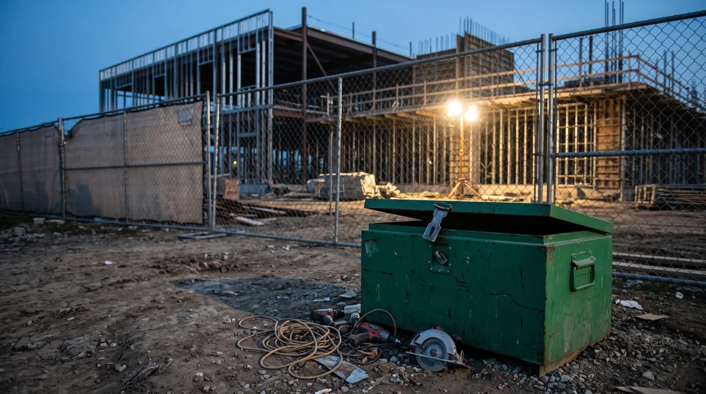 Contractor job box with a pried-open lid beside a steel-framed building under construction at dusk