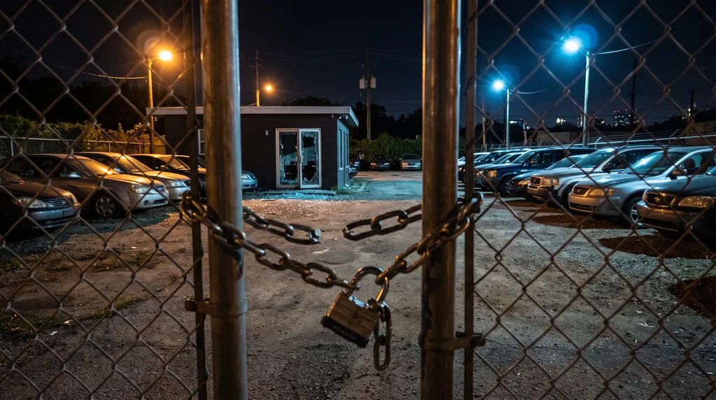 Cut padlock and chain on the gate of a used-car dealership lot at night after a break-in
