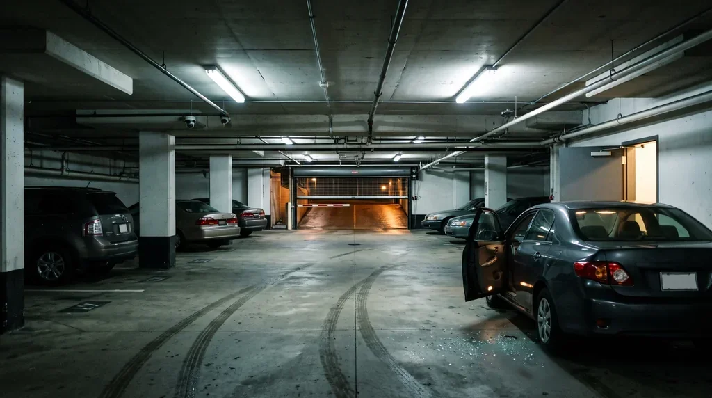 Apartment parking garage security at night: a lowered gate arm, a propped stairwell door, and a car with its door ajar