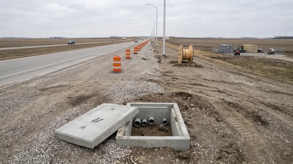 Highway construction site security risk: an open pull box beside unlit new poles on a work zone shoulder