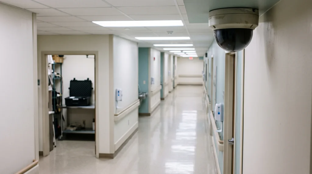 Dome security camera in a bright hallway of a medical office building with an equipment case visible in an open utility room