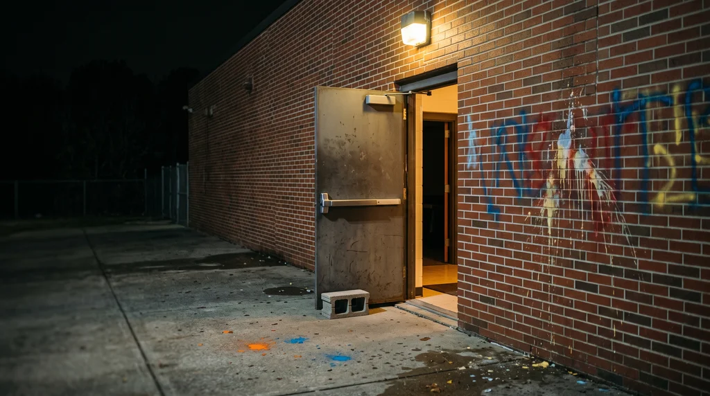 Propped-open exterior door and spray-painted brick wall at the side of a high school at night